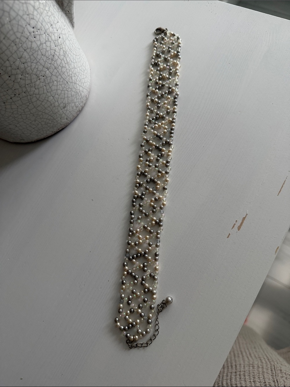 Multi-Strand Pearl and Silver Bead Choker Necklace Vintage Inspired - Picture 3 of 4